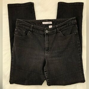 Chico’s Platinum Black Wash Five Pocket Jeans 
Size 8-10